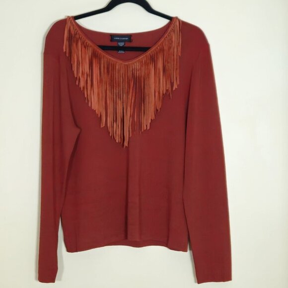 Cable & Gauge Knit Top Women XL Burnt Orange LS Suede Fringe V Neck Western Boho - Picture 1 of 14